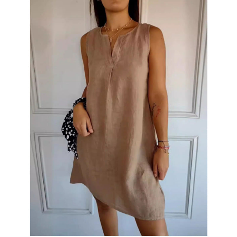 Sleeveless Solid Color Cotton And Linen Women's Clothing Dress