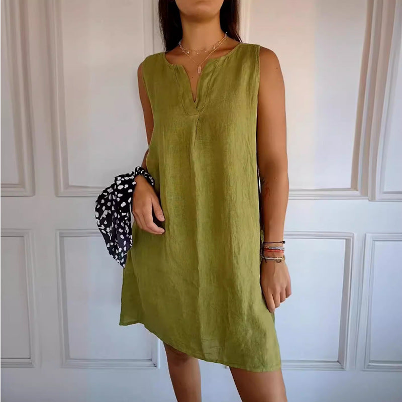 Sleeveless Solid Color Cotton And Linen Women's Clothing Dress