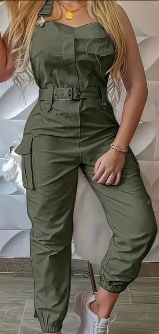 Solid Flap Pocket Belted Overall Jumpsuit, Casual Buckle Detail Loose Jumpsuit, Women's Clothing