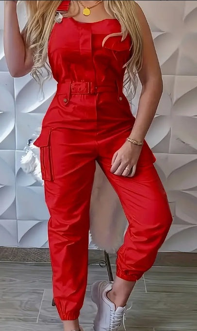 Solid Flap Pocket Belted Overall Jumpsuit, Casual Buckle Detail Loose Jumpsuit, Women's Clothing